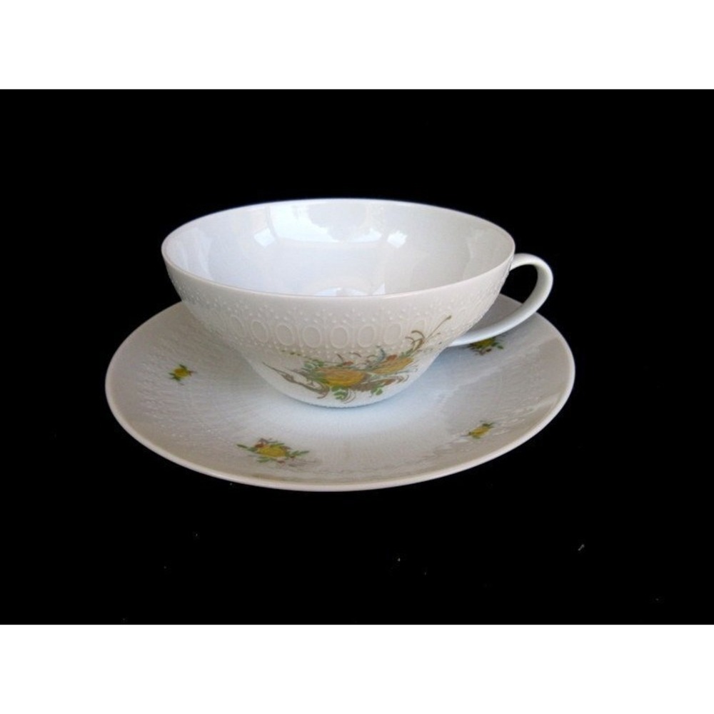 Rosenthal Harmony Romance Cup/Saucer White Yellow Roses Embossed Ovals